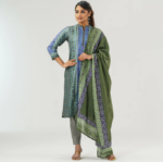 This elegant multi-color 3-piece set features a straight-cut design with a cotton-blended body, adorned with digital prints and intricate manual embroidery. The bottom is made from blended fabric, while the silk georgette dupatta showcases a beautifully printed design, adding a festive charm. Material: Top and bottom cotton blended fabric with silk georgette dupatta. Regular Fit Care Instruction: ✓ Wash dark colors separately ✓ Do not bleach ✓ Wash mild detergent ✓ Cold water soft wash ✓ Wash & Warm iron inside out ✓ Do not tumble dry ✓ Don't rub ✓ Color bleed issues Wash separately RA-3PCS-TW25-04EF-76347 Womens Blue Printed Three Picec Set