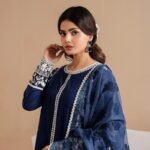 Womens Navy Blue Embroidered Three-Piece Set