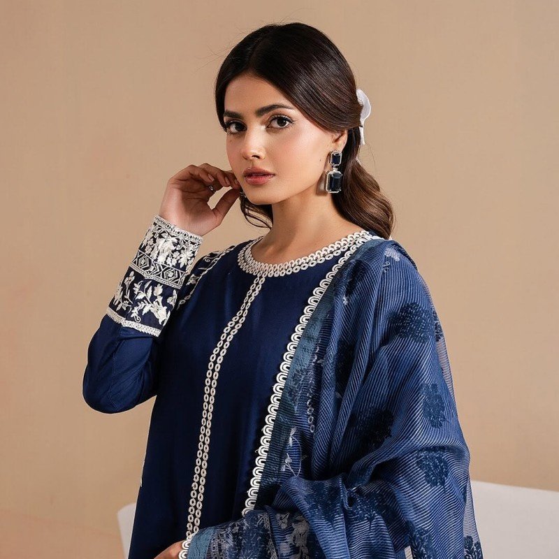 product-882129561062330 Womens Navy Blue Embroidered Three-Piece Set - Image 1